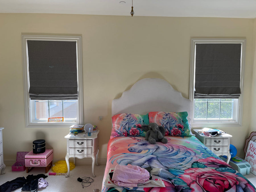 Charcoal Vignette shades on two bedroom windows